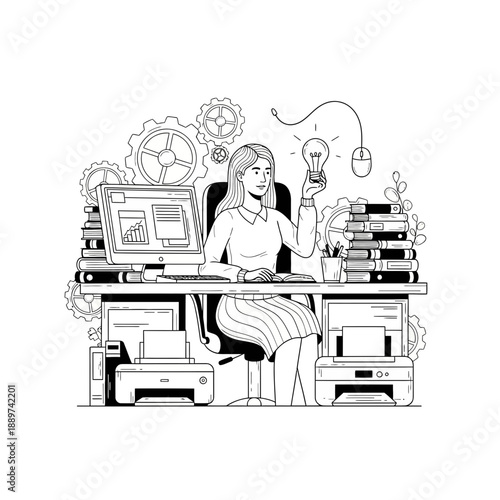 Woman sitting at a desk with computer and printer surrounded by office supplies and ideas