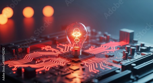 Innovative technology concept with glowing light bulb on circuit board