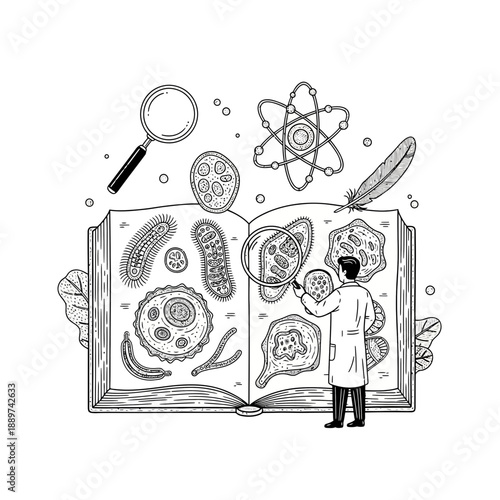 A scientist in a lab coat examining cells and microorganisms in an open book with a magnifying glass and feather