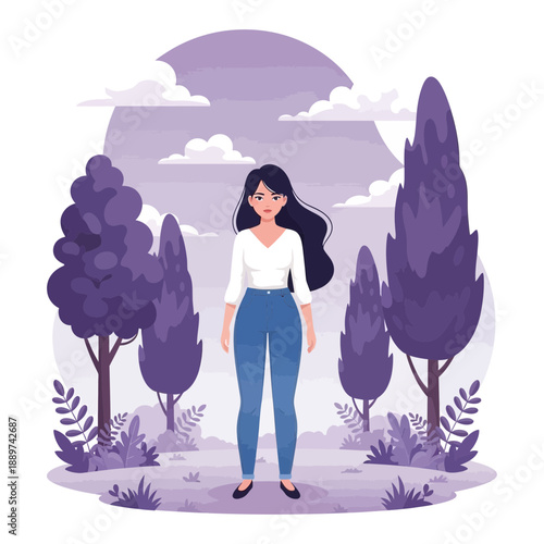 A cartoon woman stands in a purple landscape with trees and clouds