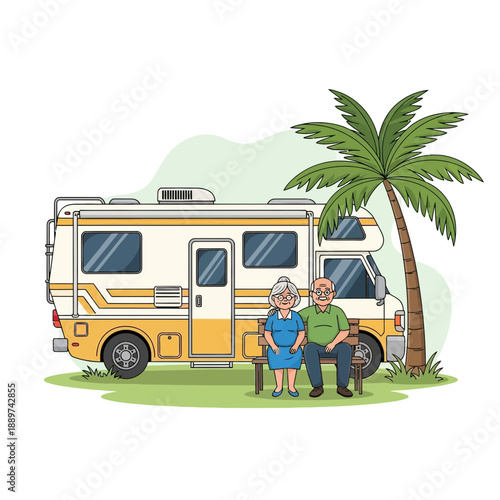 Elderly couple and dog on vacation in front of yellow rv motorhome