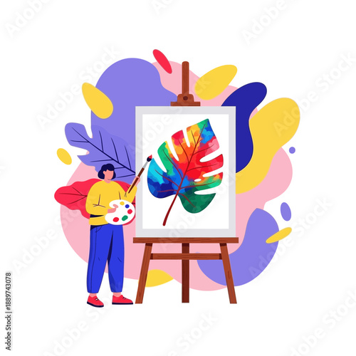 Artist painting a colorful leaf on an easel