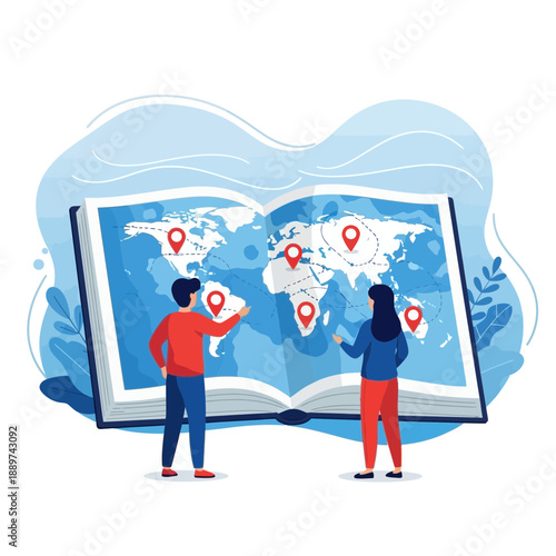 Illustration of a man and woman looking at a large map in a book with location pins marked on it globally
