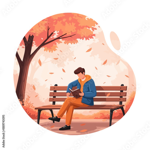 Man sitting on a bench reading a book under a tree with orange leaves in autumn