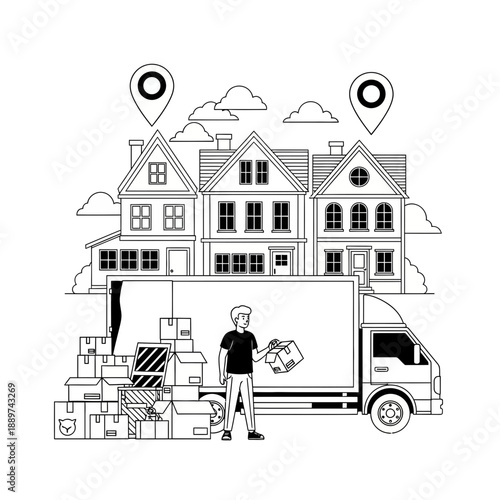 Man standing next to a moving truck with boxes and houses in the background