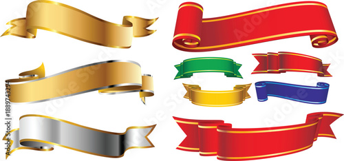 Colorful ribbons and banners in gold silver red blue green