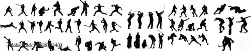 Black silhouettes of various sports players in action