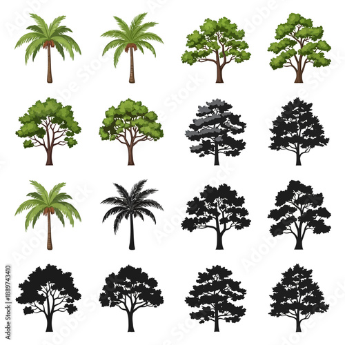 Collection of palm trees and other trees in various styles and colors