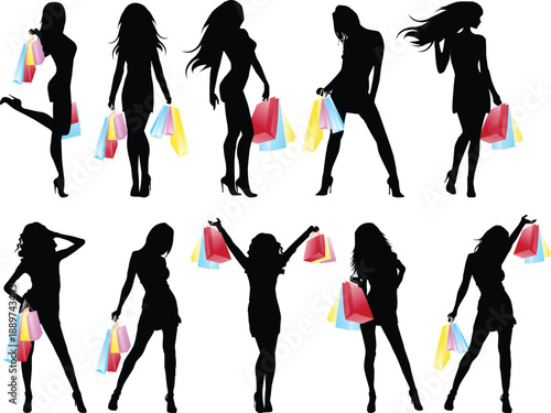 Silhouettes of women holding shopping bags black