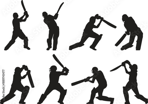Cricket player silhouettes swinging bats