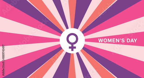 Women's Day vector illustration with pink rays and female gender symbol background