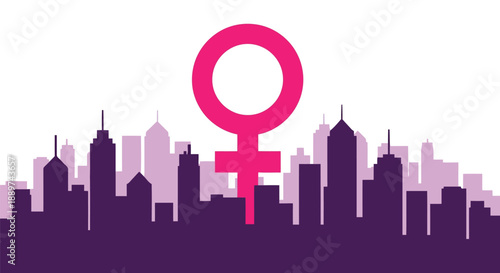 Feminism city skyline vector illustration with female gender symbol, urban empowerment art