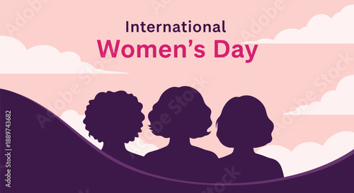 International Women’s Day vector illustration with diverse female silhouettes and pink background