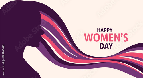 Happy Women's Day vector illustration with female silhouette and colorful flowing hair