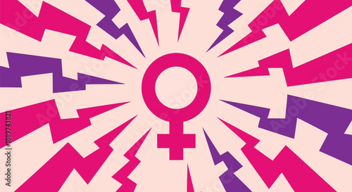 Feminism symbol vector illustration with pink and purple rays, empowerment concept