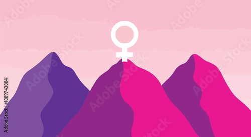 Feminism mountain landscape vector illustration with Venus symbol in pink tones