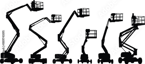 Aerial work platform boom lift silhouette set with workers elevated at height isolated on white background