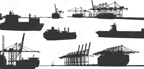 Cargo ships and port crane silhouettes panorama, maritime container terminal operations, industrial harbor logistics illustration isolated black vector collection