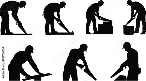 Carpenter sawing wood silhouettes, workers cutting timber with hand saws, woodworking and construction labor isolated on white background