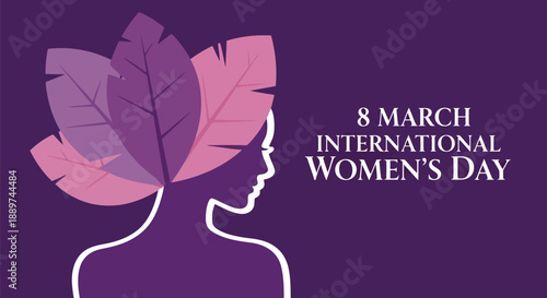 International Women’s Day vector illustration with female silhouette and floral leaves