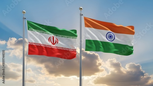 Iran and India International Partnership: National Flags Waving Against a Cloudy Sky