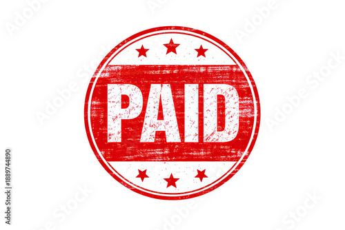 Red paid stamp badge with distressed texture and stars for invoice receipt billing approval mark isolated on transparent background