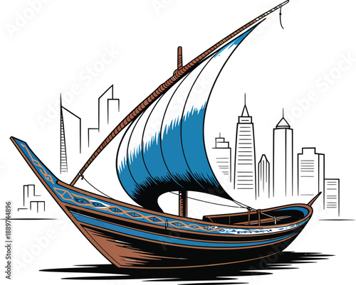 Vector Dhow Boat with Blue-White Sail and Modern City Silhouette Depicting Cultural Heritage and Urban Coastal Architecture.