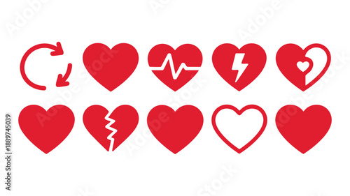 Set of heart icons with various emotions and actions