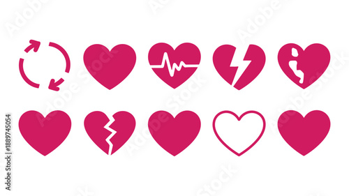 Set of heart icons with various styles and conditions