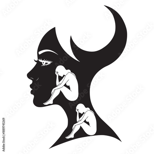 Abstract Woman Face Silhouette with Inner Figures Concept Vector Art