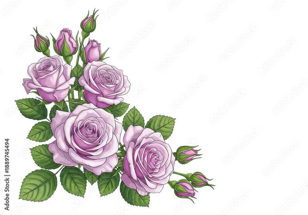 Naklejka premium Two elegant bouquets of soft lavender roses and rich green leaves, illustrated in a detailed botanical watercolor style with diffused light against a solid white background, quiet romance atmosphere