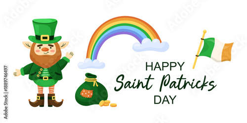 Horizontal web banner for Saint Patricks Day. Cute leprechaun and rainbow. Holiday greeting card. Hand drawn vector illustration.