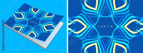 Softcover book layout. A fractal flower of curved colored lines. Layered effect. Cover design template. Geometric pattern. Vector illustration for brochure, planner, diary, notebook or notepad.