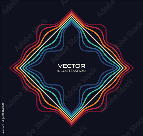 A colorful frame composed of multiple multicolored lines. Diamond shape. Glow effect. Neon stripes. Vector illustration for a brochure, poster, cover, lyer, banner, advertisement, or presentation.