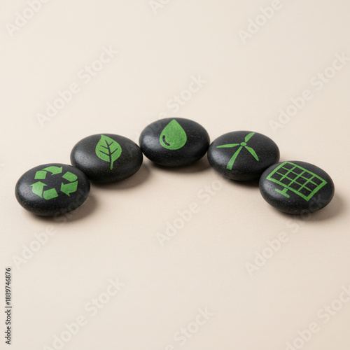 Green Energy Symbols Painted on Dark Stones Arranged in a Row on Neutral Background