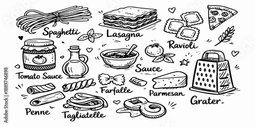 Hand drawn vintage sketch collection of food icons including pizza, cake, and coffee as a vector doodle illustration set for restaurant design patterns