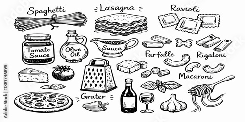 Vintage hand drawn vector set of coffee and food icons featuring cake, pizza, and burger doodles for restaurant kitchen design illustration