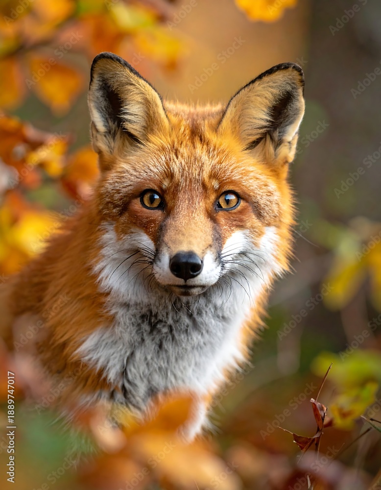 Obraz premium A red fox with orange eyes and white fur around its neck