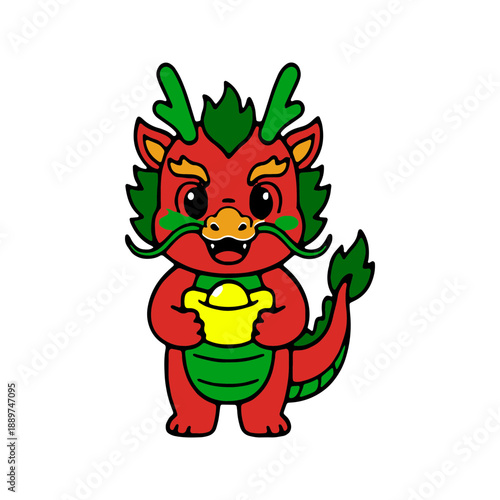 Cute red dragon holding gold ingot with green accents