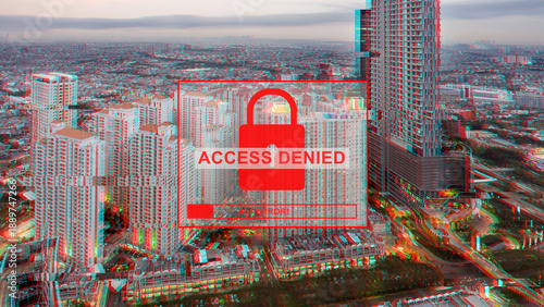 Glitchy urban cityscape background with a red Access Denied message and padlock icon, representing cyber security issues, hacking, and digital restrictions in a smart city environment
