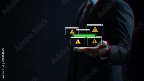 Businessman holding virtual interface with access denied message and system error warning icons, cybersecurity and data protection concept in a glitch effect style