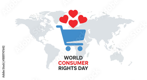 Graphic illustration of a shopping cart with hearts on a world map for World Consumer Rights Day on March 15.