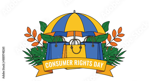 Illustration of a shopping bag and umbrella logo celebrating Consumer Rights Day on March 15 with a colorful design.