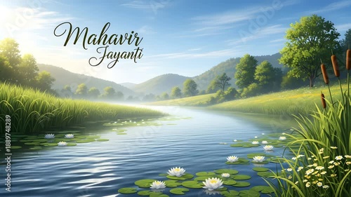 Serene Pond With Lotus Flowers And Mountains Mahavir Jayanti Celebration Nature Scene Relaxing 4K Ai HD high quality video.