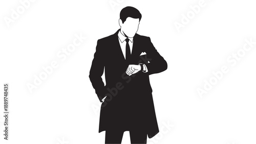 Businessman silhouette in confident pose with wristwatch in monochrome illustration for corporate identity
