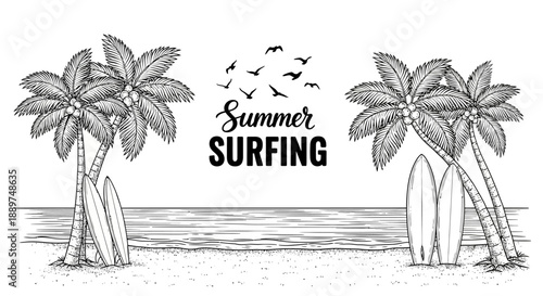 Summer surfing scene with palm trees and surfboards on the beach