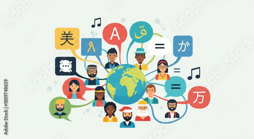 Diverse people communicating in different languages around the world concept of global communication and translation flat vector illustration
