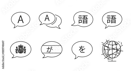 Set of language icons including speech bubbles with letters and flags representing communication and translation for global business isolated on white
