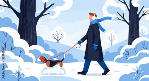 Man walks dog in snowy winter landscape with trees and hills