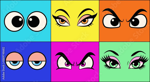 Vibrant colorful illustration of various eyes and eyelashes expressions jkahsfc 88
